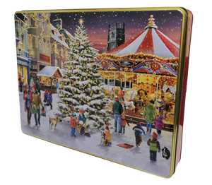 Embossed Christmas Market Scene Tin with biscuits 600g