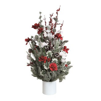 Floral Arrangement in White Pot Silver, Red, and White 80cm