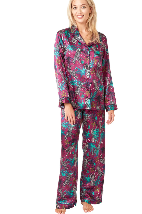 Jungle Cheetah Print Revere Collar Pyjama Set- Raspberry
