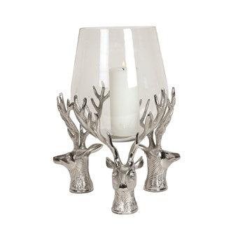 Silver Reindeer Head Base Curved Glass Hurricane Candle Holder 24cm