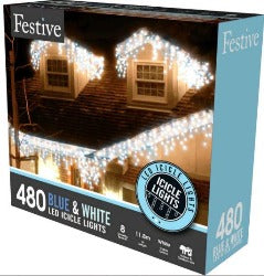 480 Snowing Icicle Timer Lights 11.8m- Blue/White
