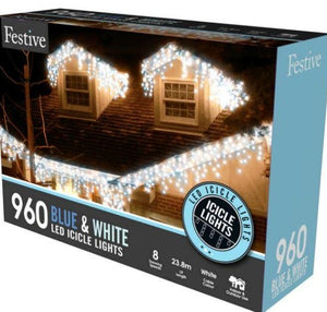 960 Snowing Icicle Timer Lights 23.8m- Blue/White
