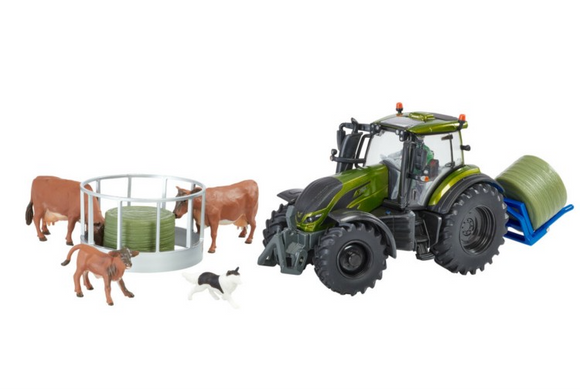 Metallic Olive Green Valtra Playset (+ cow feeder + bale lifter)